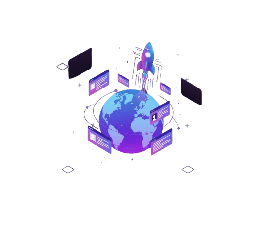 Illustration d'une planète avec des éléments web autour et une fusée